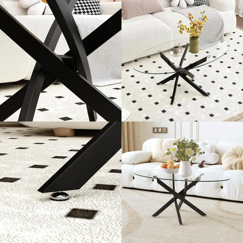 طاولة قهوة حديثة بيضاوية من الزجاج المقسى - إطار معدني أسود أنيق لغرفة المعيشة والمكتب