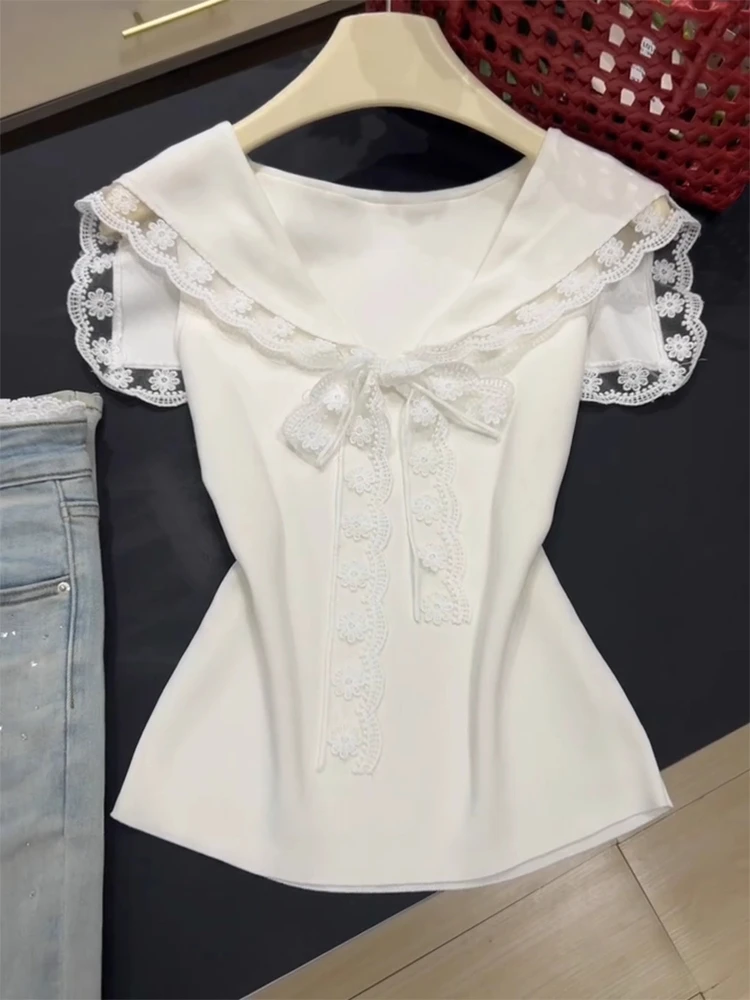 

Preppy Style Sweet Blouses Lace Patchwork Solid Color Tops Sailor Collar Sleeveless Shirts Summer Female Slim Women's Clothing