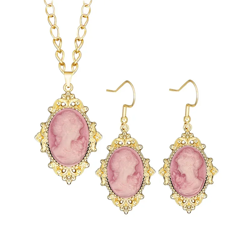 Flower Pendant Lady Queen Cameo Sets For Women Gold Color Fashion Cross Plant Pink Blue Gray Cameo Necklace Earring Jewelry Set