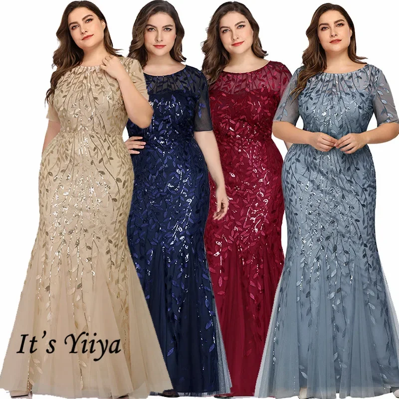 Personalizado sereia vestido de noite lantejoulas tule robe de soiree o pescoço até o chão plus size manga curta mulher festa formal vestido