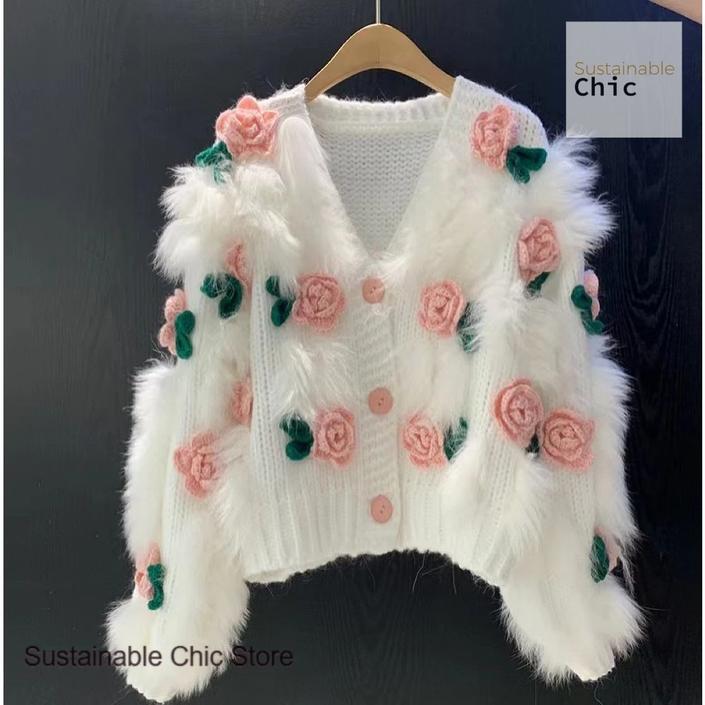 

Autumn and winter new sweet three-dimensional crocheted rose flower sweater female French style casual fashion stitching coat.