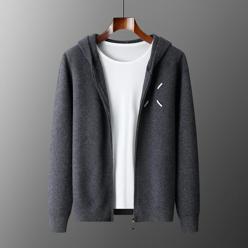 Autumn and Winter New 100% Pure Goat Cashmere Cardigan Men's Hooded Zipper Knitted Jacket Loose And Thick Sweater Warm Jacket