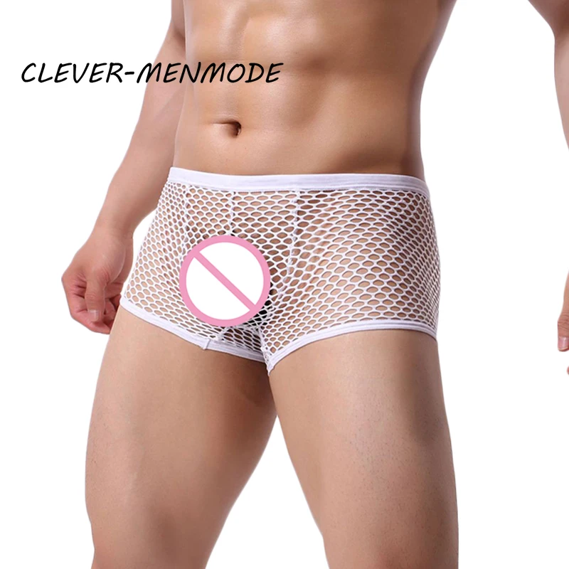 Men\'s Sexy Fishnet Boxer Shorts See Through Exotic Lingerie Breathable Transparent Underwear Bulge Penis Pouch Bikini Hombre