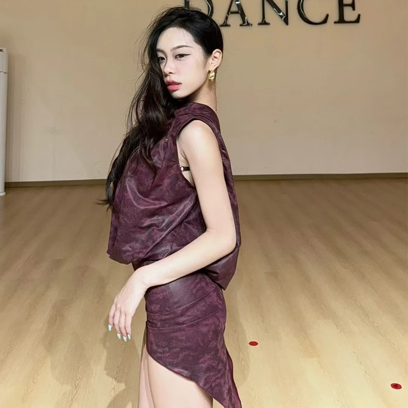 الكبار رومبا اللاتينية ملابس الرقص النساء ممارسة الملابس عارية الذراعين بلايز شق تنورة تشا تشا ملابس رقص فستان الأداء BL16911