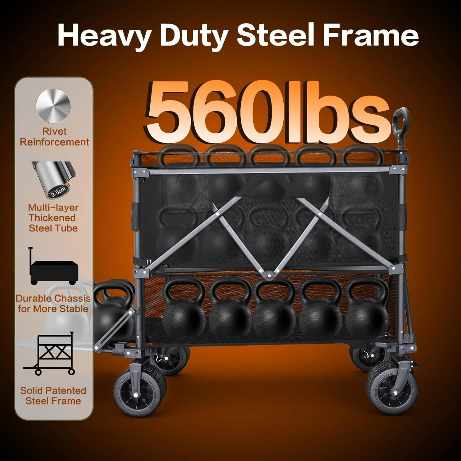 Camping, Beach, Groceries, Sports - Foldable - Black - 560Lbs Load Heavy Duty Wagon with Retractable Mesh and Tailgate