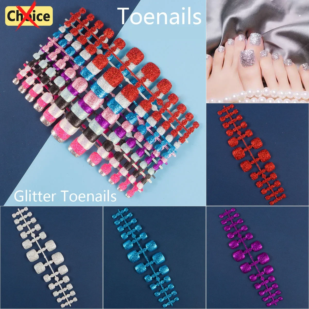 Kopen in bulk Betaal slechts 1 verzending 1 set 24 stuks glitter teennageltips Multi kleuren valse nageltips voor tenen Nail Art Druk op nagels