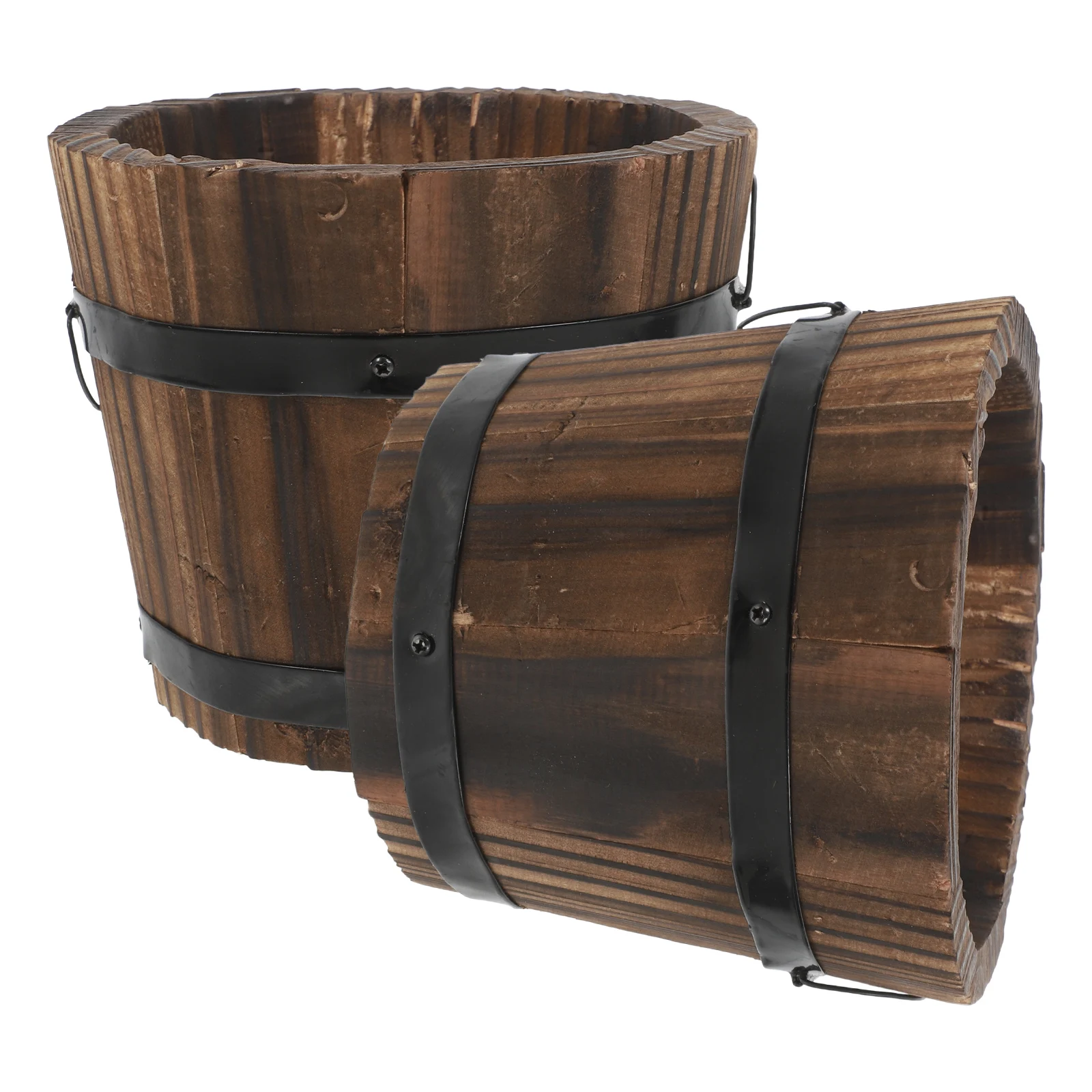 

2pcs Wooden Bucket Flowerpot Carbonized Durable Planter for Garden Balcony Courtyard Solid Color Decor Succulent Planter