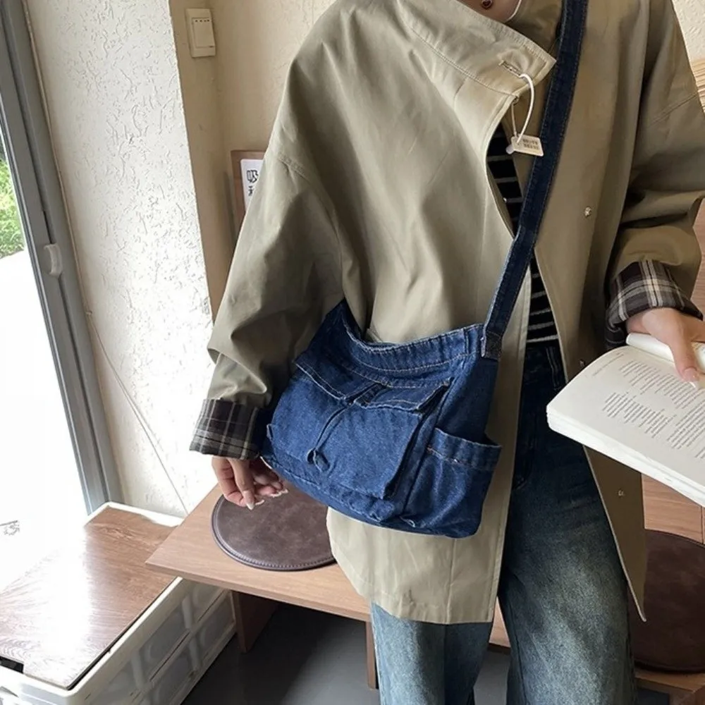 

Vintage Canvas Denim Messenger Bag Multiple Pockets Blue Commuting Shoulder Pouch Korean Style Large Capacity Underarm Bag Women