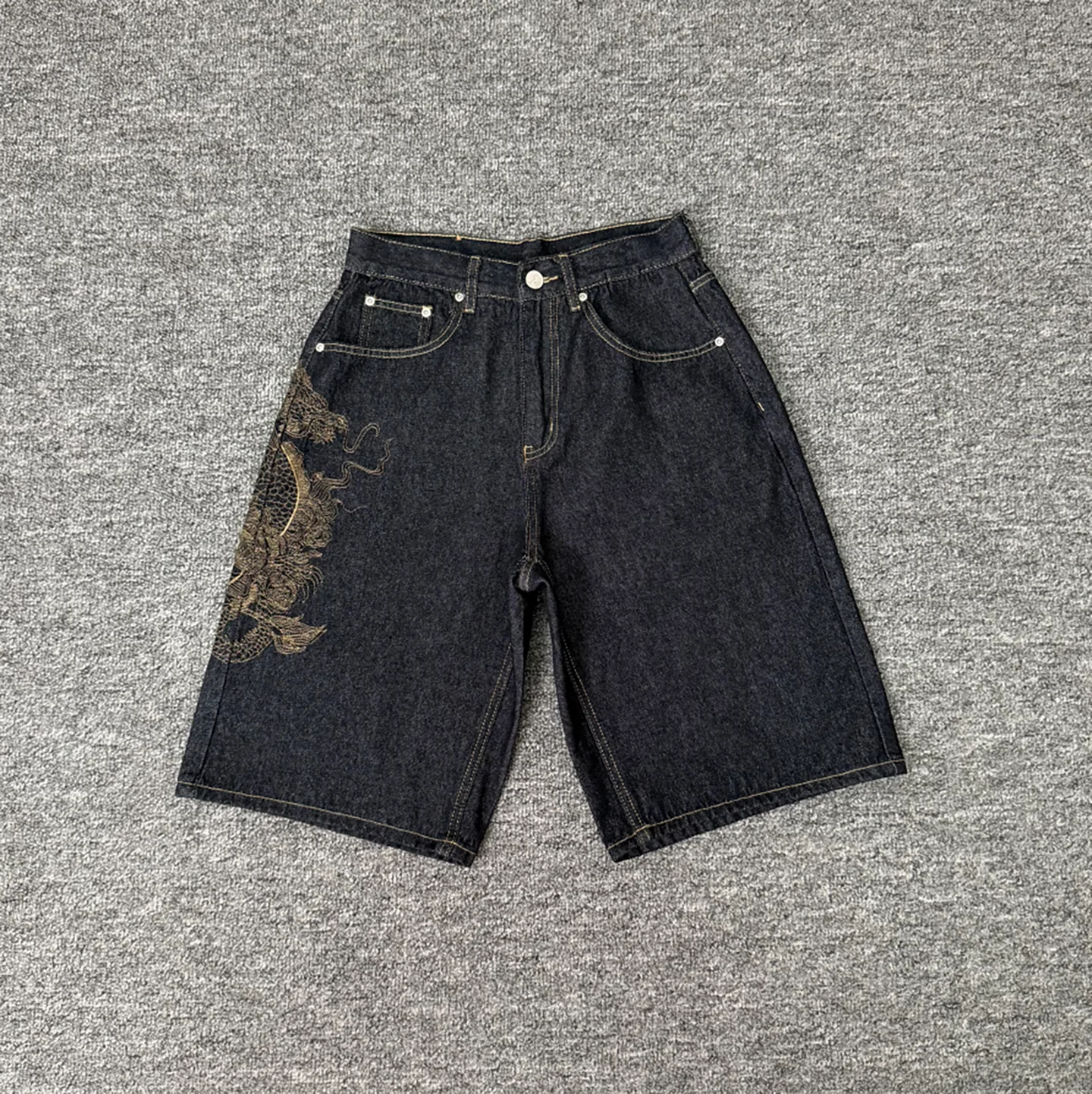 Summer American High Street Yellow Dragon Embroidery Pattern Jeans Couple Loose Washed Casual Loose Straight Five-Point Pants