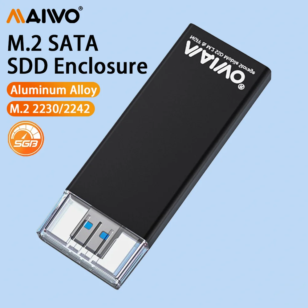 

Корпус для SSD MAIWO M2 SATA NGFF, адаптер M.2 на USB3.0 5Gbps, поддержка SSD 2230 2242, совместимость с ключами B и B+M для ноутбуков.