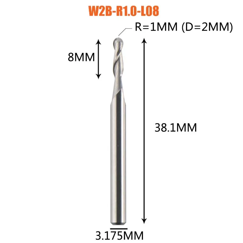 Dreanique 1Pc Carbide Kogelneus Einde Frees 2 Fluiten R0.5-R4.0 Einde Molen Router Bit Voor Hout En Aluminium W2b