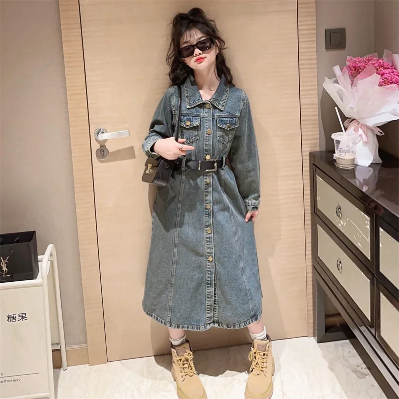 

Girls Denim Dress Autumn 2023 Fashion Casual Long Sleeve Princess Dresses for Kids Blue Teenage Children Clothes 10 12 14 Years