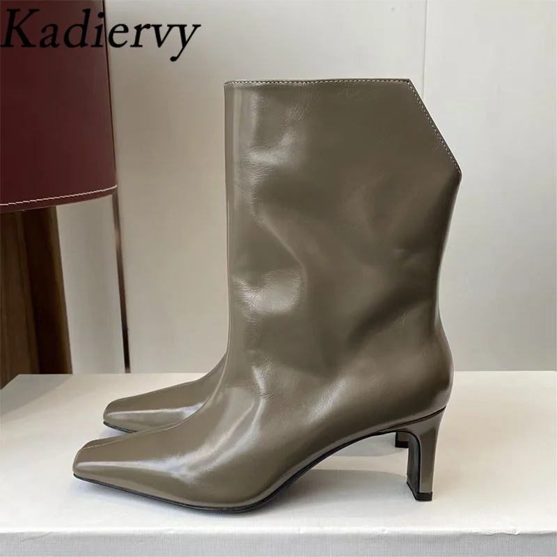 

Sexy High Heels Short Boots Women Genuine Leather Runway Shoes Woman Small Square Toe Square Heels Black Boots Woman
