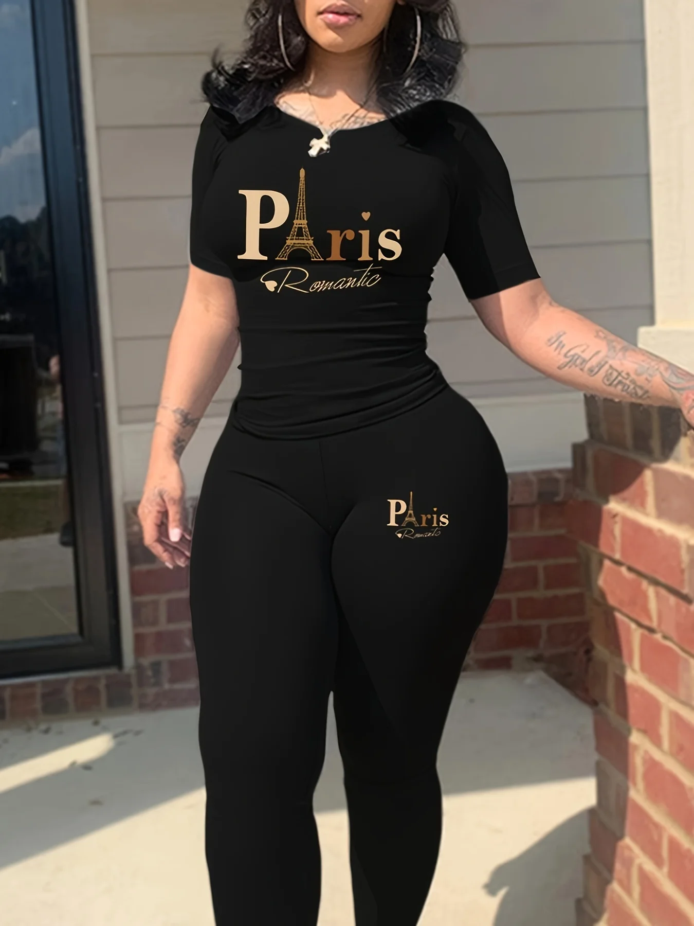 Plus Size Paris Print Matching Two-piece Set, Casual Short Sleeve Crew Neck T-shirt & Skinny Pants Outfits, Women\'s Clothing