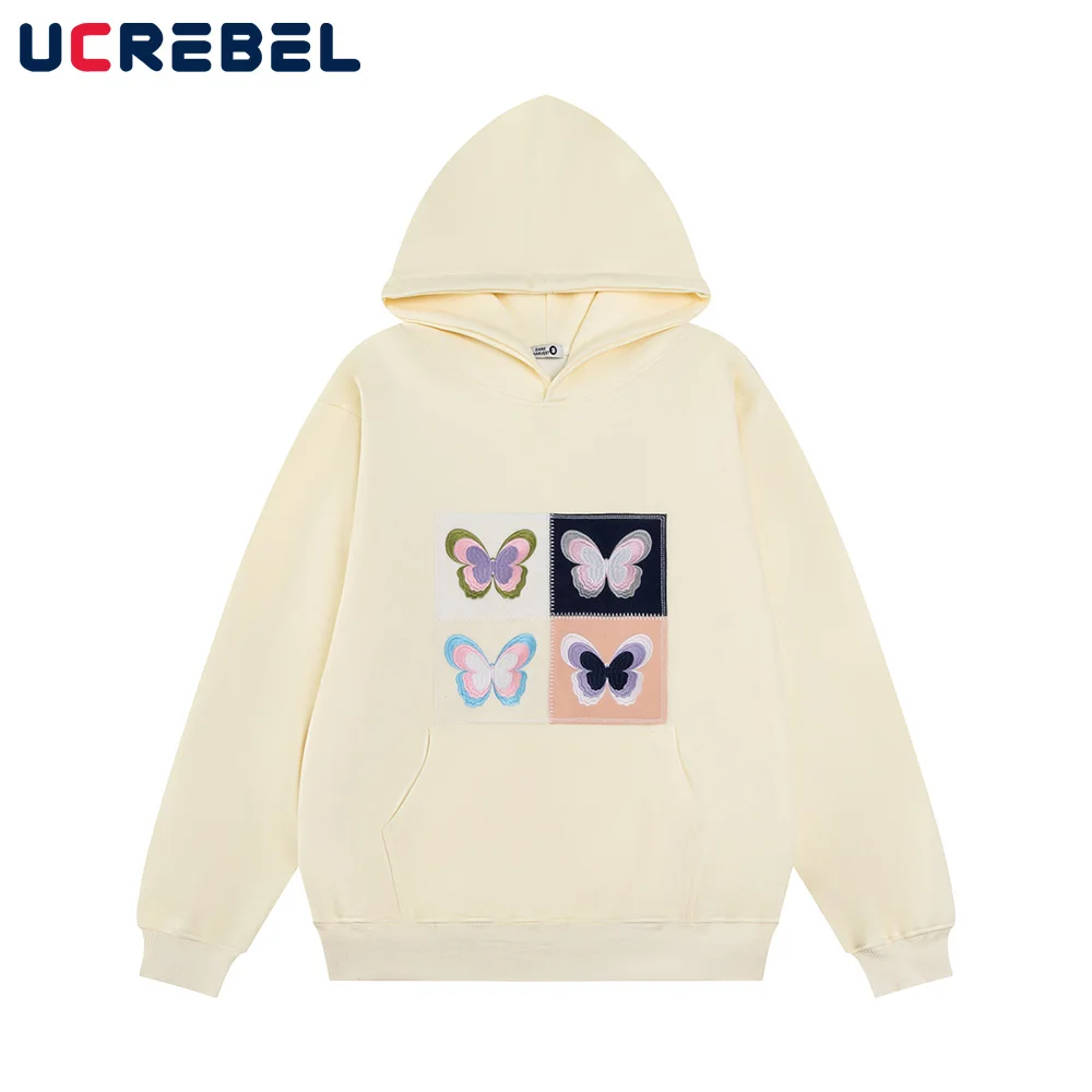 Butterfly Embroidery Sweatshirts Mens Autumn High Street Loose Drop Shoulder Long Sleeve Front Pocket Hoodies Men