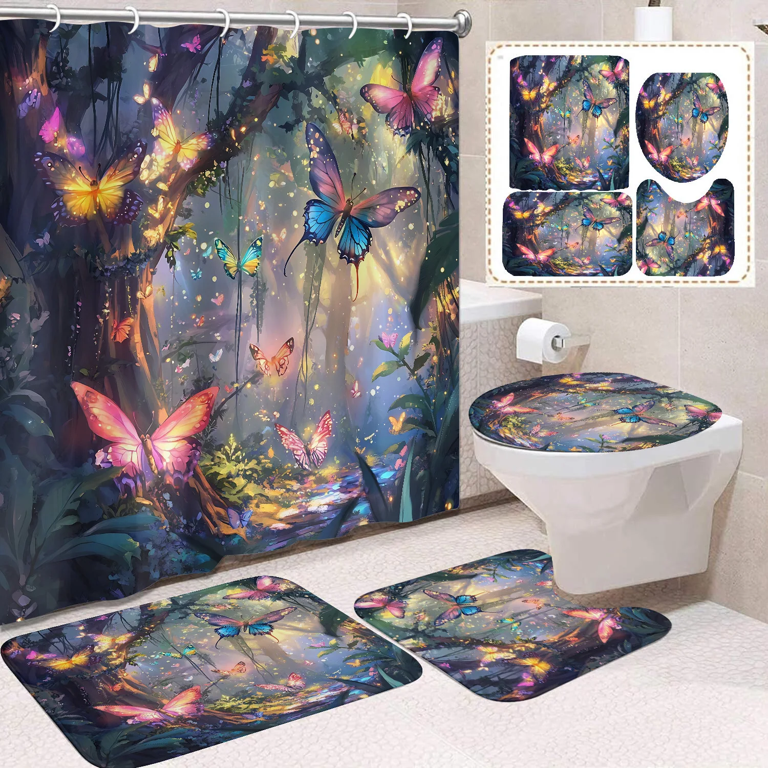 

4-Piece "Wizard of Oz" Bathroom Set: Shower Curtain, Non-Slip Rugs, Toilet Seat Cover & Bath Mat - Durable & Waterproof