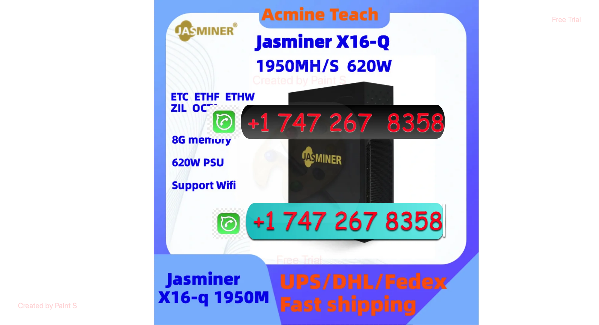 H. ORIGINAL SALES BUY 3 GET 2 New Jasminer X16-Q ETC ETHASH & ETCHASH ASIC Miner 1950MH 620W 8GB with PSU