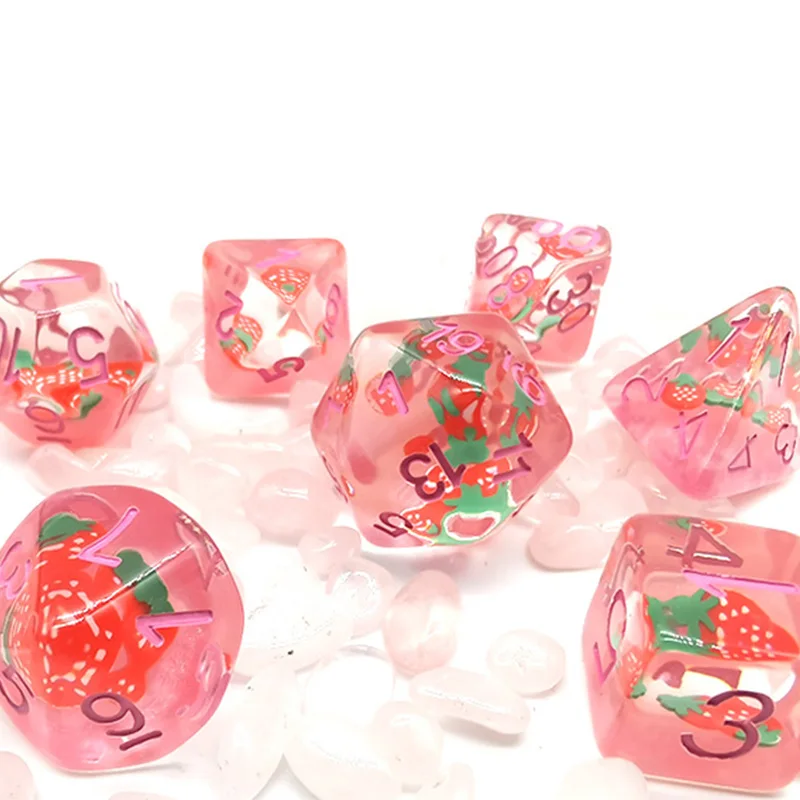 7Pcs/Set DND Dice Transparent Resin Sweet Strawberry Cute Steppe Lion Polyhedral Dice For Role-Playing Table Card RPG Board Game