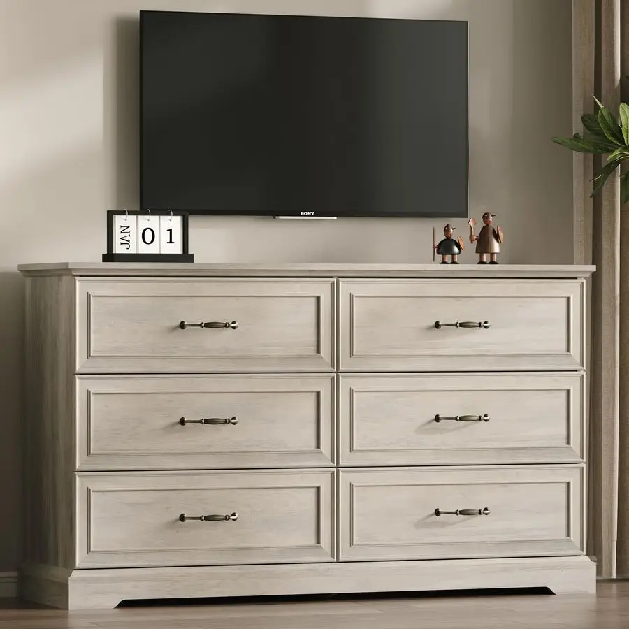 ตู้ลิ้นชัก 6 ชั้นสำหรับห้องนอน, ตู้ลิ้นชักสไตล์โมเดิร์นกว้าง 54 ซม. พร้อมลิ้นชักลึกและมือจับแบบแท่ง, ตู้ลิ้นชักไม้สไตล์เรสติกสำหรับวางทีวี