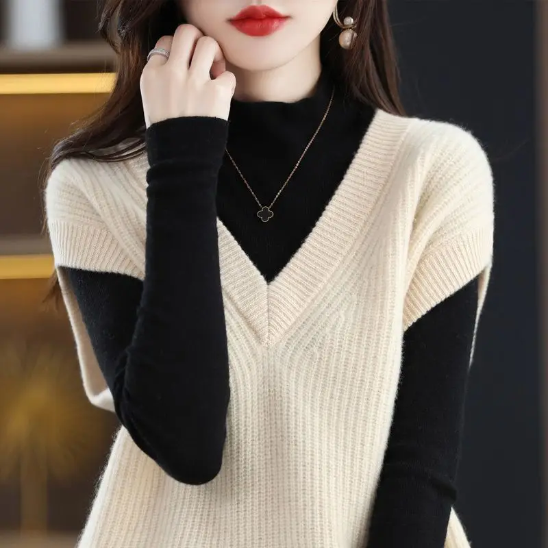 2022 Women\'s Elegant Solid Color Simple All-match Sweater Vest V-neck Sleeveless Ladies Autumn Casual Pullover Warm Knitted Vest