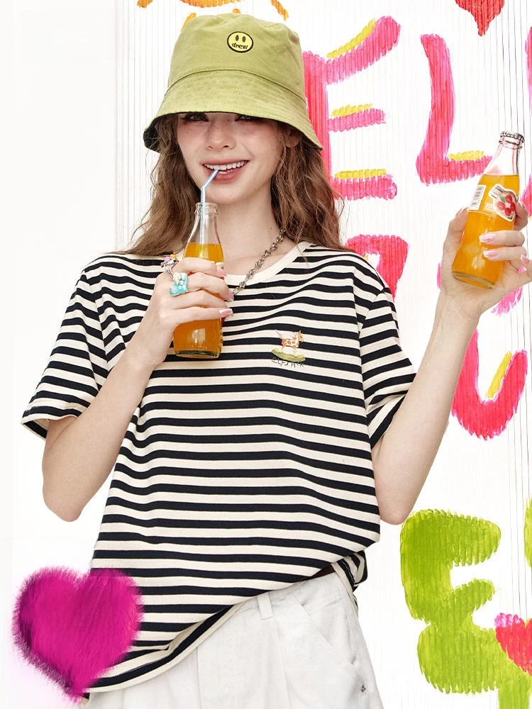 

Повседневная свободная женская футболка с коротким рукавом, вязаный полосатый топ, черно-белый, универсальный, на все лето, хлопковая, с круглым вырезом