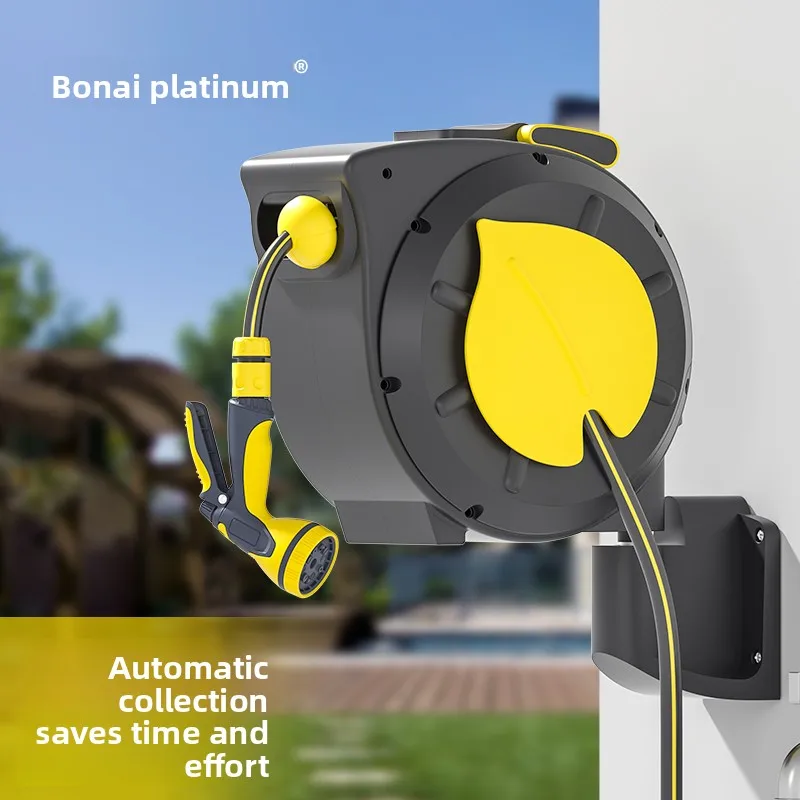 Automatic retractable water hose for watering plants high-pressure car wash, patio garden, and home use- wall-mounted retractor.