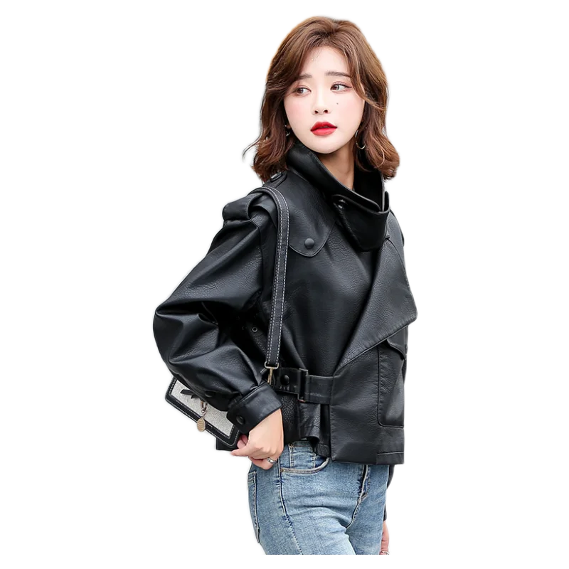แจ็คเก็ตหนังแท้ Jiang ung Haining สำหรับผู้หญิง สไตล์ลำลอง ใส่ได้ทั้งฤดูใบไม้ผลิและฤดูใบไม้ร่วง ทรงหลวม สไตล์นักขี่มอเตอร์ไซค์ แจ็คเก็ตหนังแท้ ไซส์เล็ก เสื้อคลุมตัวนอก