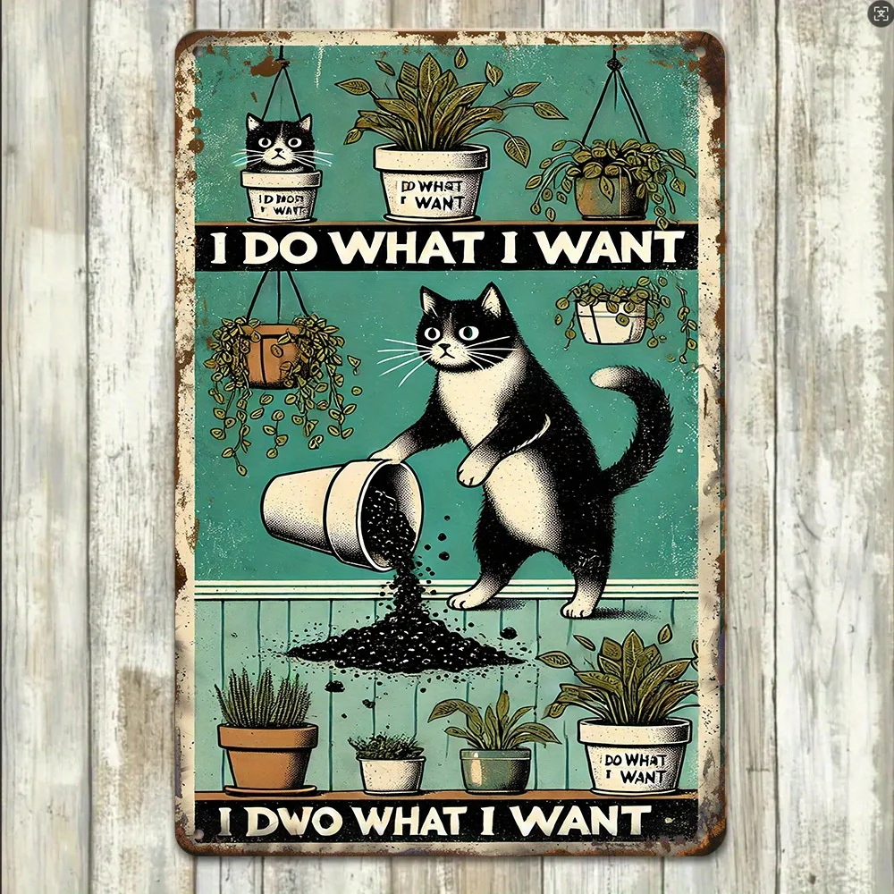 A Vintage Metal Tin Sign Featuring a Cat Playing And Knocking Over a Flower Pot, Perfect for Home Decor. This Fun Wall Art Is Su
