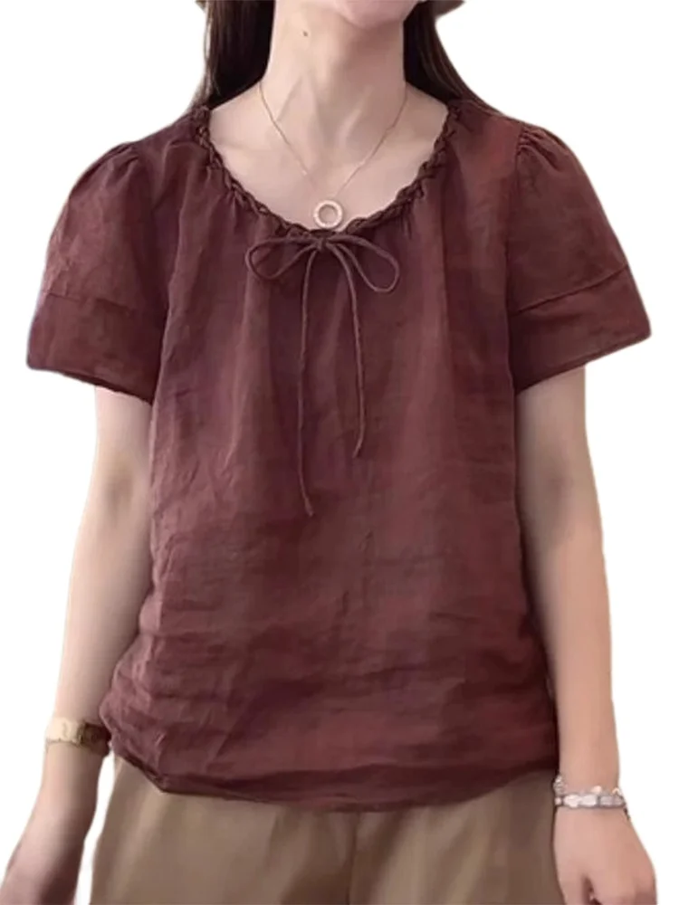 الرجعية القطن الكتان ort Sve irt المرأة الصيف فضفاض عارضة التعادل جولة Ne رقيقة الكتان الصغيرة أعلى الملابس العلوية #5