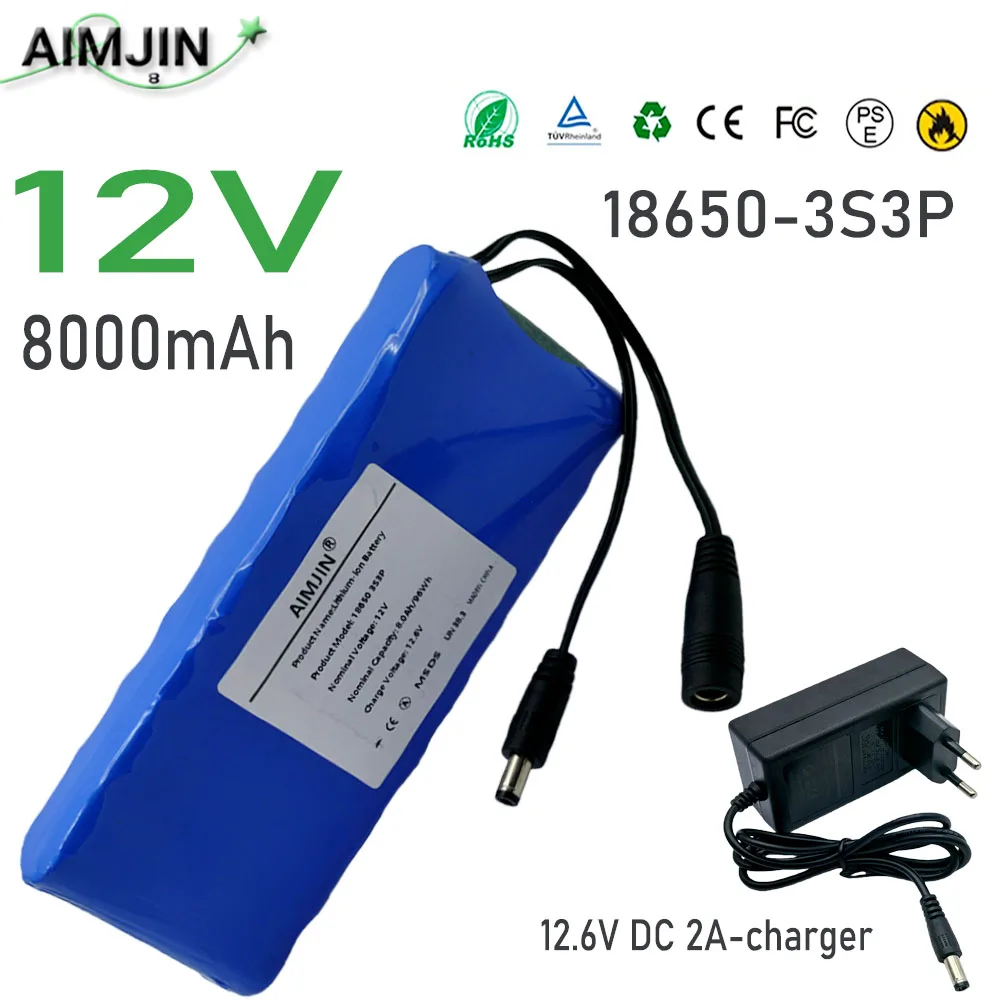 

Rechargeable 18650 Lithium Ion Battery Pack 3S3P 12V 8000mAh BMS Protected Power Battery with 12.6V DC 2A Fast Charger