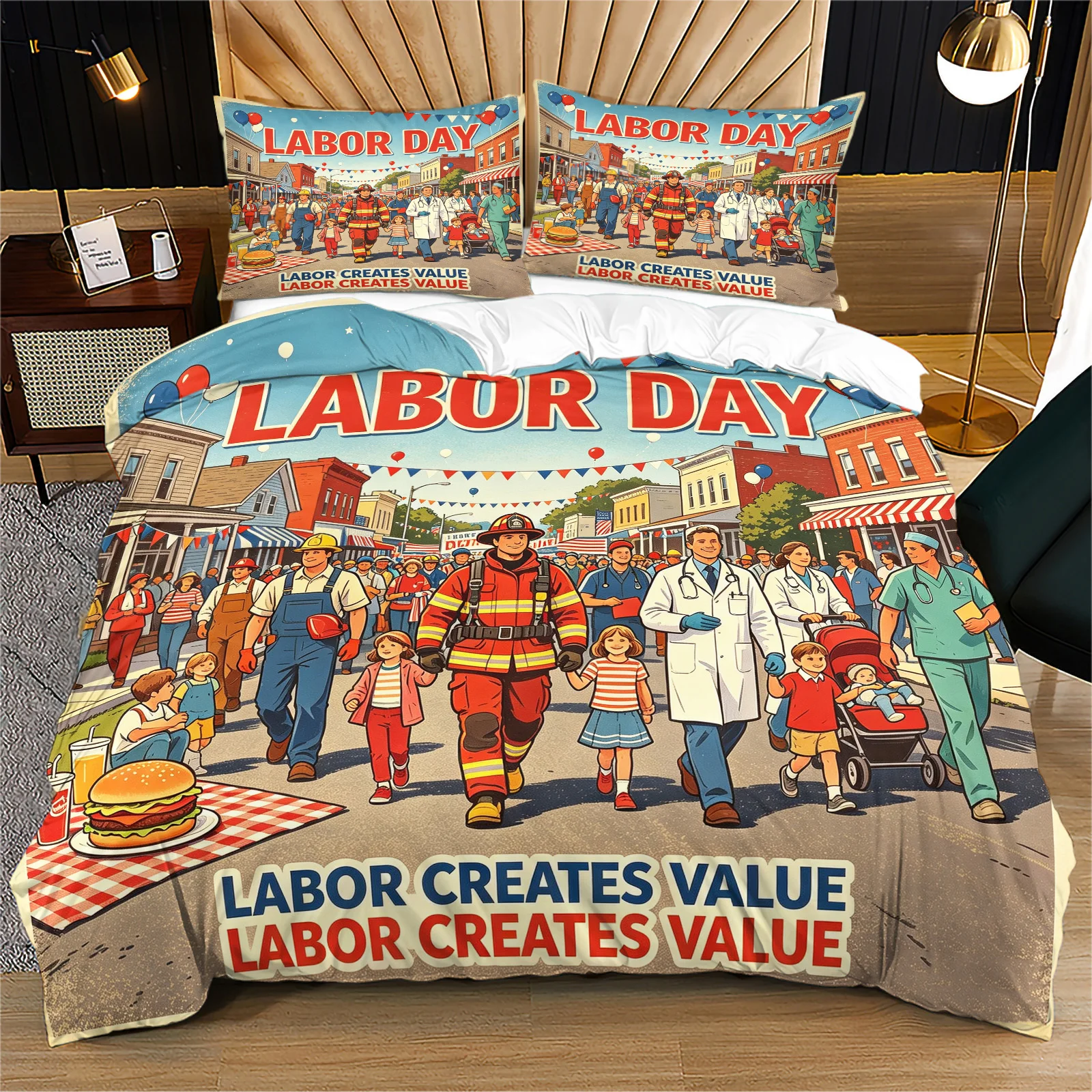 Unique Labor Day Duvet Cover Set Retro Parade Workers Street Scene Bedding Set Labor Creates Value Decor Comforter Cover Holiday
