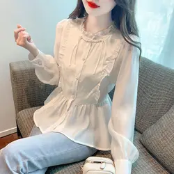 New Chinese Woman Top Style Frill Ruffle Chiffon Shirts & Blouses For Women Xxl Aesthetic Hot Elegant Social Luxury Designer Xl