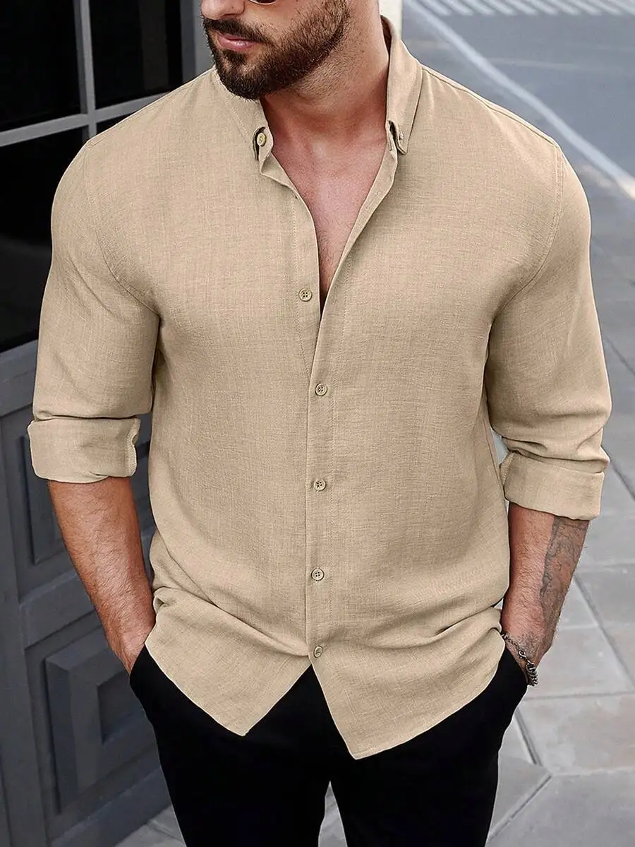 

Men's Beige Solid Minimalist Casual Long Sleeve Button-Down Shirt