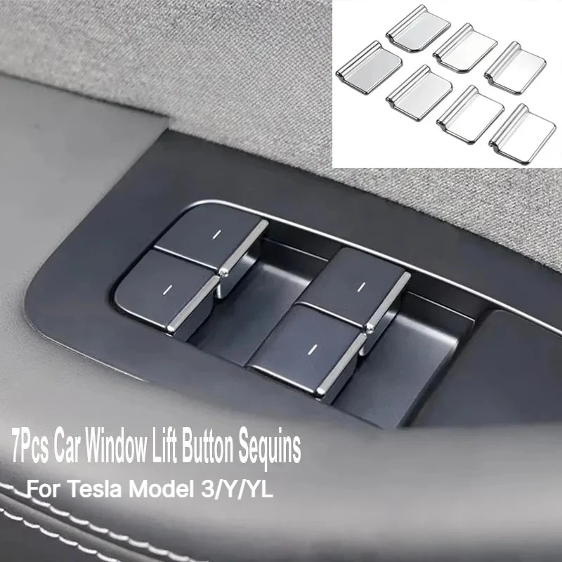 Botão de elevação de janela, guarnição de lantejoulas para tesla modelo 3/y/3 + lançamento modely 2025 abs 7 peças, acessórios de cobertura de botão de interruptor de janela cromado