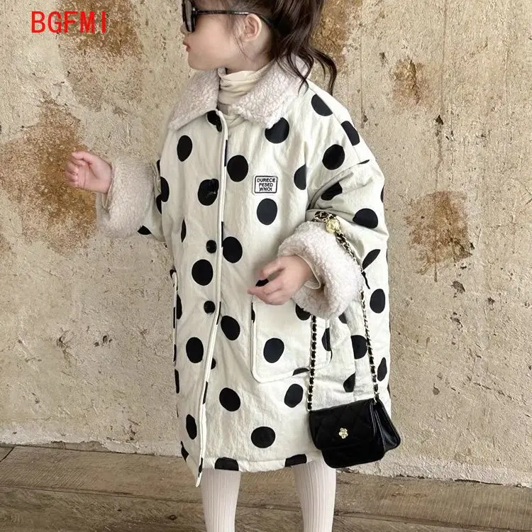 Girls Beige Polka Dot Velvet Inner Jacket 2026 New Autumn Winter Long Overcoat Clothing for Girls Thick Fleece Winter Clothes