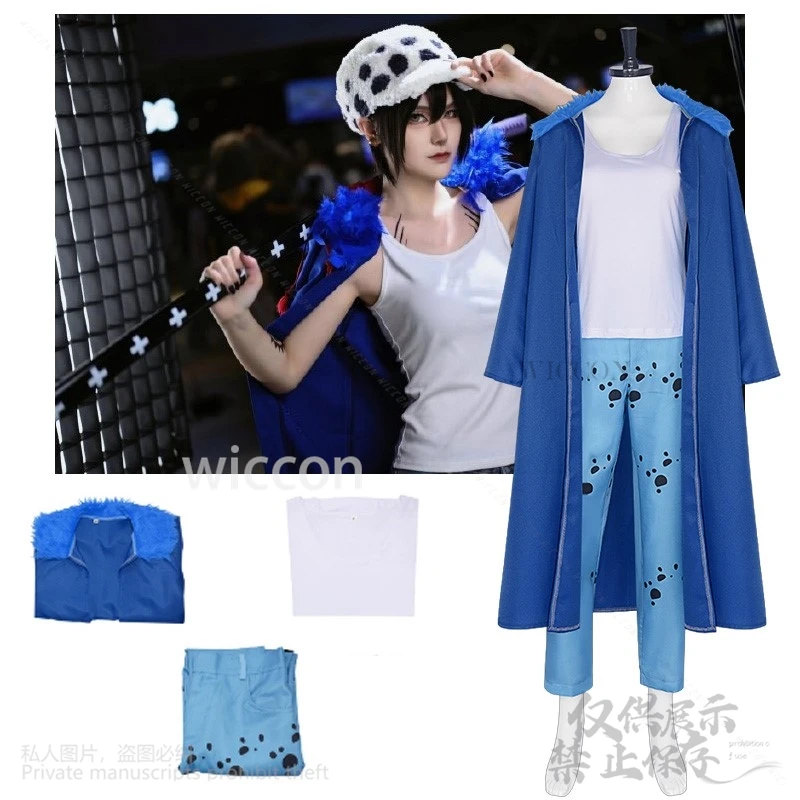 Anime Trafalgar D. Water Law Cosplay Costume Female Blue Woolen Collar Cloak Cape Uniform Adult Woman Man Halloween Party Suit