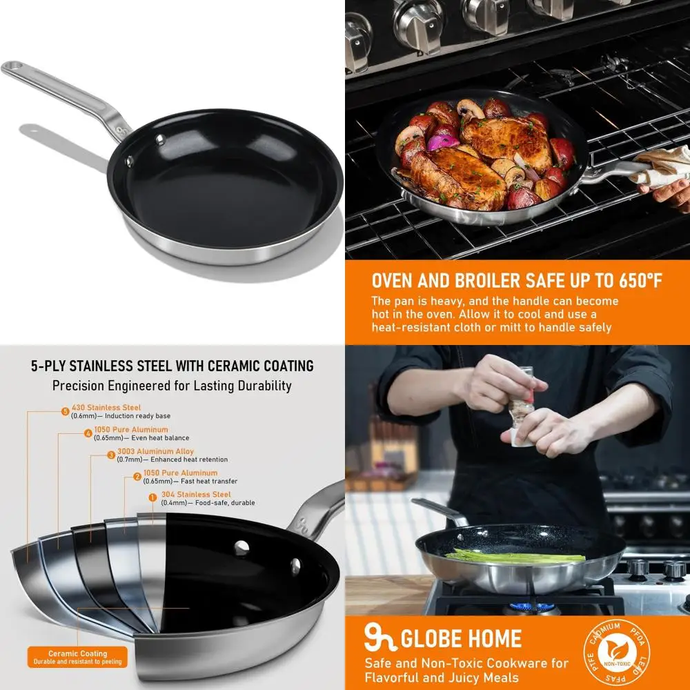 

Professional 10 Inch Nonstick Skillet - 5 Ply Stainless Steel Clad, PTFE and PFOA Free, Healthy Cookware for Home Chefs