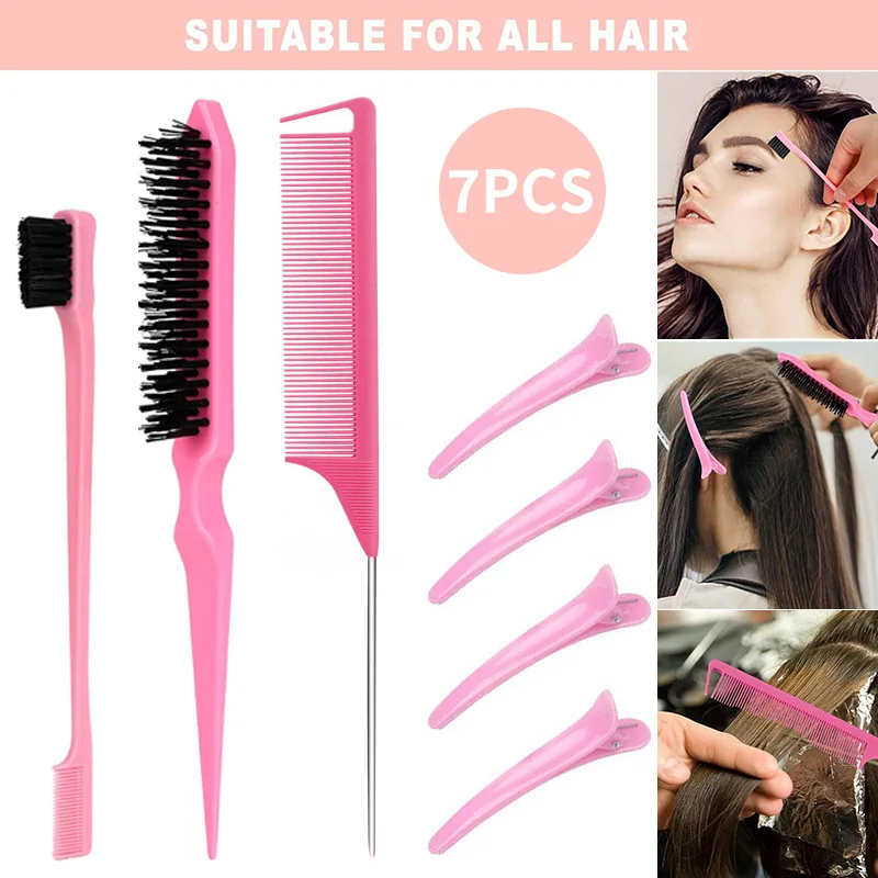 7 Pieces Hair Brush Set, Nylon Teasing Hair Brushes 3 Row Salon Teasing Brush, Double Sided Hair Edge Brush Smooth Comb Grooming