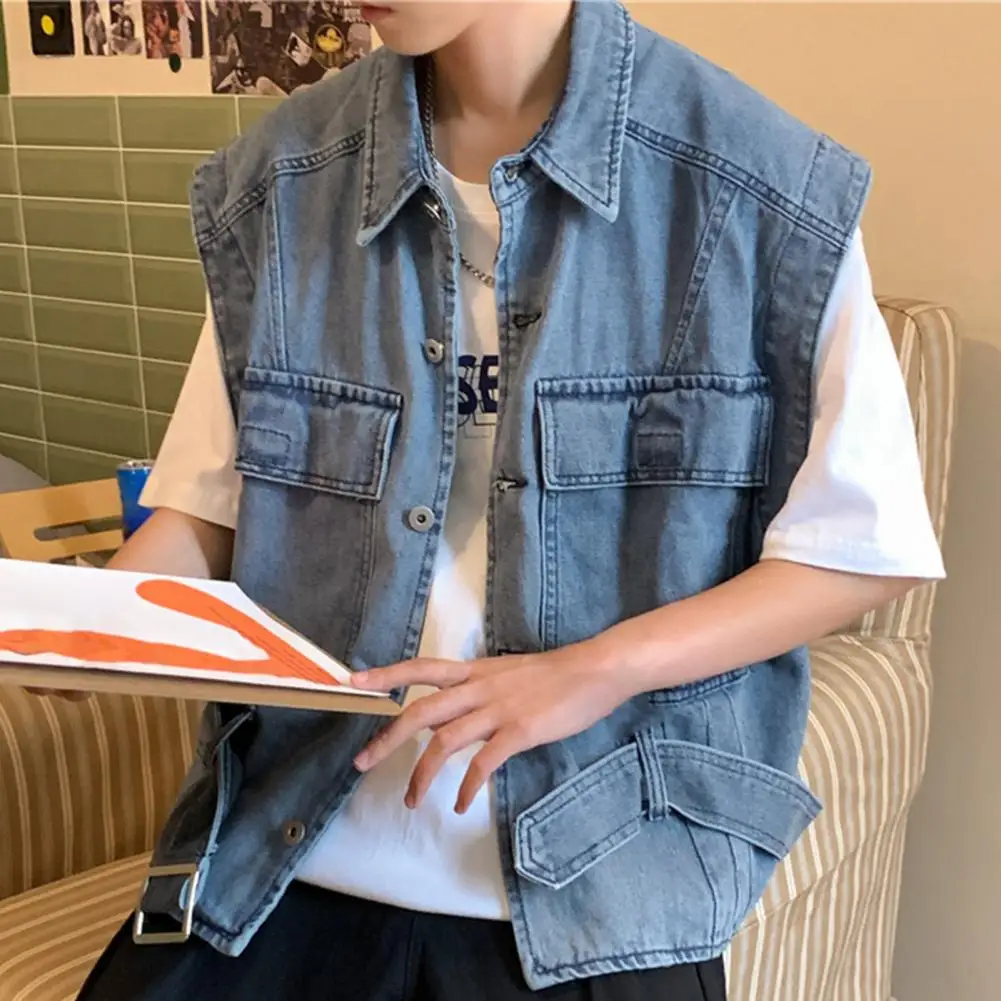 

Stylish Men Cargo Vest Man Buttons Super Soft Relaxed Fit Single Breasted Denim Vest Men Denim Waistcoat Dressing