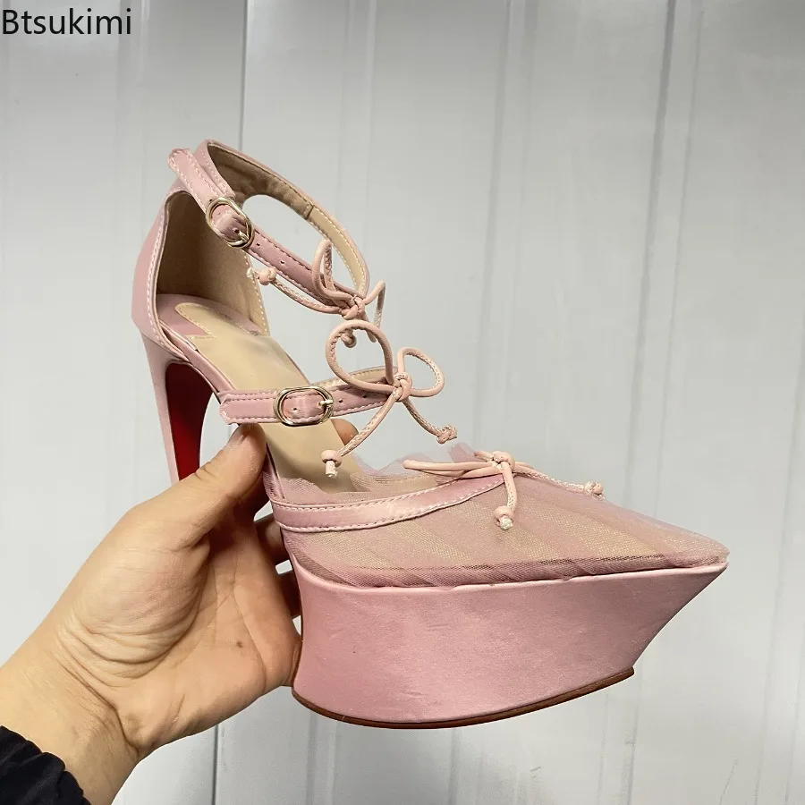 Spring Summer Women's Pointed Stiletto High Heels Thick Bottom Ballet Sandals Bow Fashion Show Wedding Party Women's High Heels