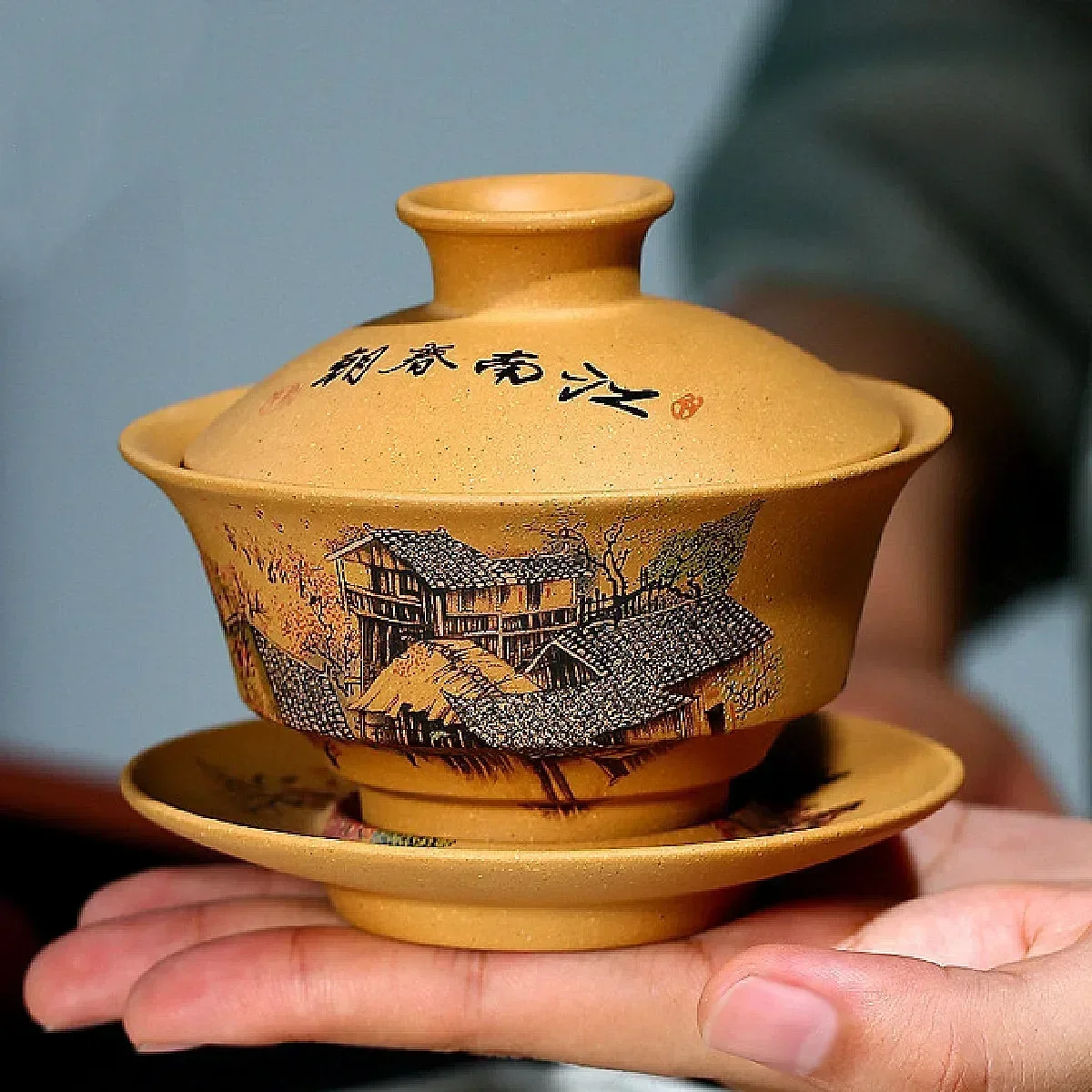 Yixing pintados à mão Boccaro Cup, Segmento lama chá beber copo, Jiangnan Primavera Kung Fu chá conjunto, Handmade Gaiwan Retro, paisagem