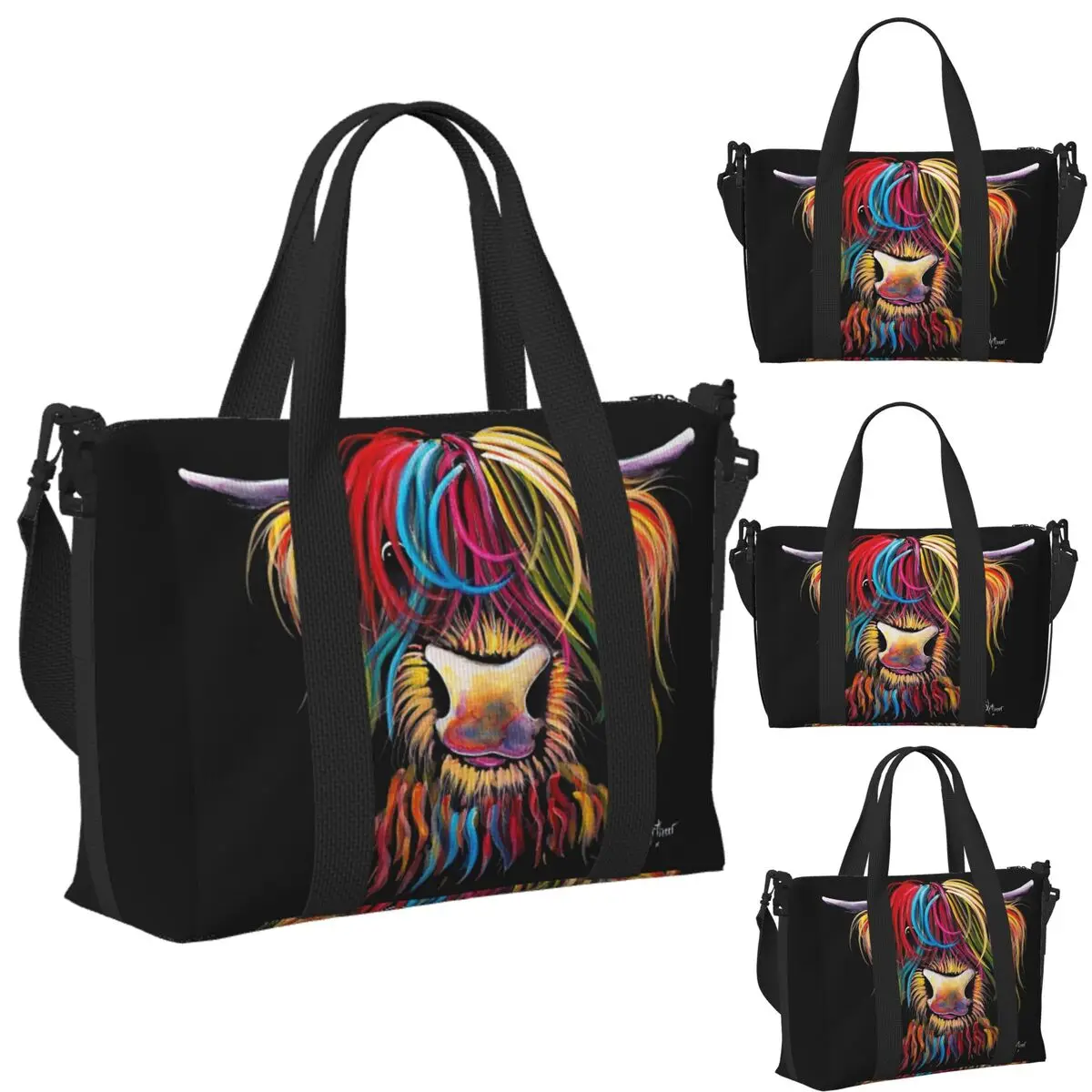 

Custom Scottish Highland Cows Beach Travel Bag Large Capacity Tote Bags for Gym Sport Women Shopping Duffle Shoulder Bag