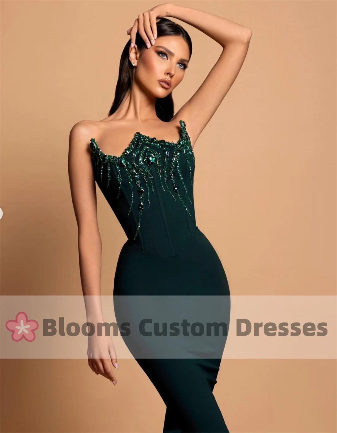 Customized Chic Neckline Rhinestone Mermaid Evening Dress Dark Green Crepe Sleeveless Prom Dress For Wedding robes invitée