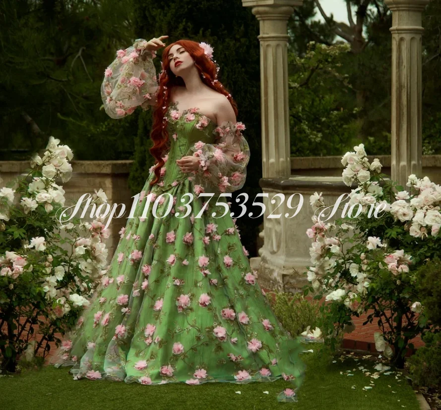 Fantasy Fairytale Victorian Evening Fruit Green 3D Floral Applique Galadriel's Mirror Dress Customised vestido de novia boda