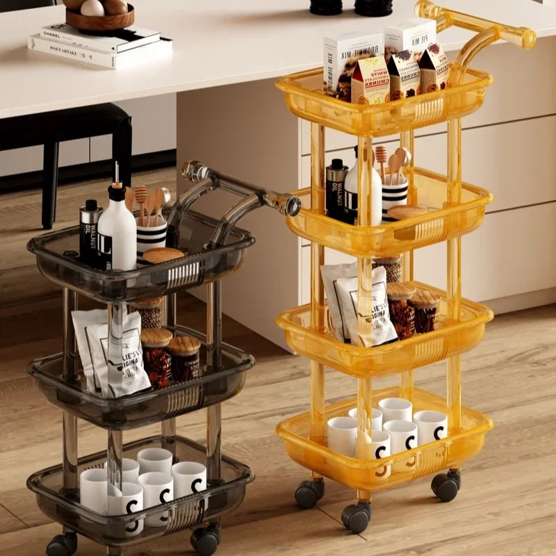 Transparent Plastic Large-capacity Snack Storage Trolleys Kitchen Islands Living Room Mobile Shelf for Household Vegetable Fruit