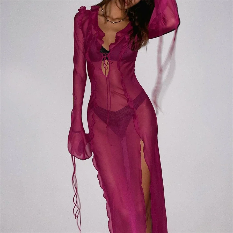 

Fashion Ruffles V Neck Tie-Up Beach Long Dress Summer Sexy See-through Bikini Cover-Ups Long Sleeve High Split Hem Mesh Dress