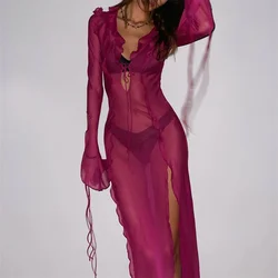 Moda Ruffles V Neck Tie-Up Beach Long Dress Summer Sexy See-through Bikini Cover-Up Long Sleeve High Split Hem Mesh Dress