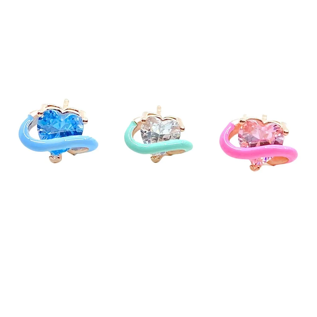 Simple Single Cubic Zirconia Pastel Enamel Wire Wrapped Heart Shaped CZ Stud Earring For Girl Women Colorful 2022 New