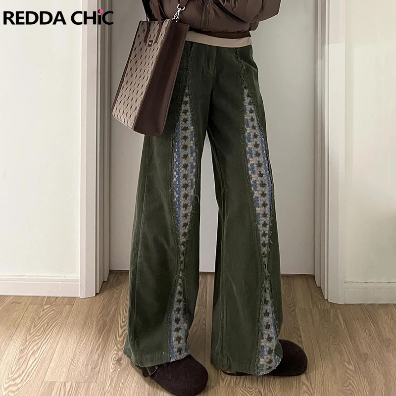 ReddaChic Men's Fair Isle Knit Corduroy Pants Fall Winter Loose Fit High Waist Wide Leg Crocheted Long Trousers Vintage Clothes