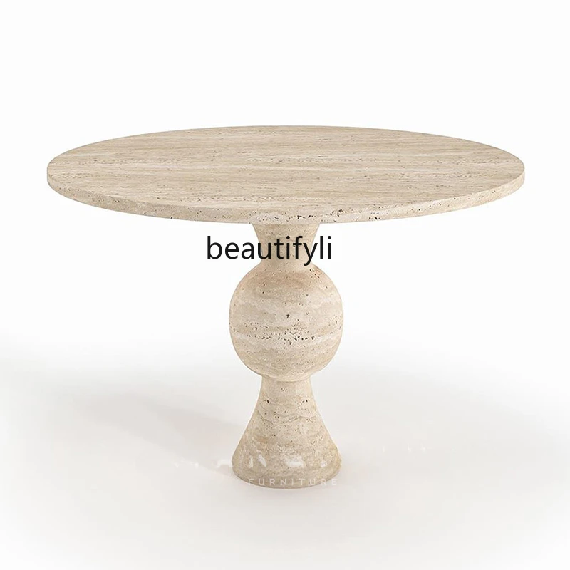 Modern light luxury travertine dining table round home art carved natural marble table